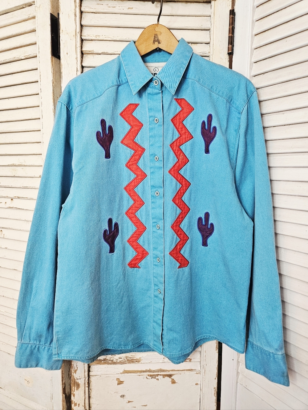 Vintage 90s Wrangler Painted Desert Cactus Southwest Turquoise Denim Jacket L